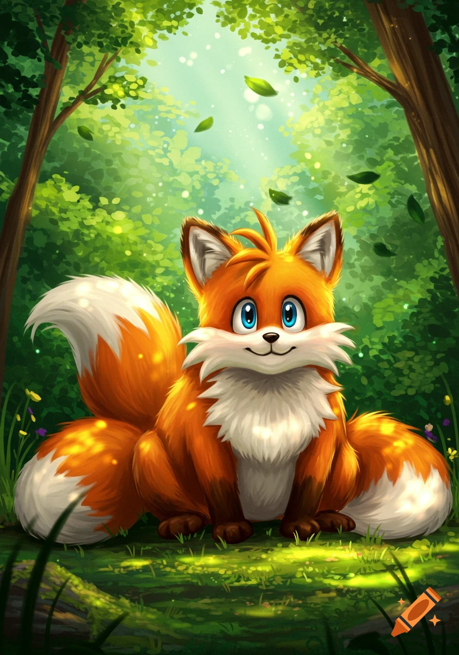 A cute, fluffy orange fox with blue eyes and multiple tails sits in a vibrant, sun-dappled green forest, cartoon illustration.