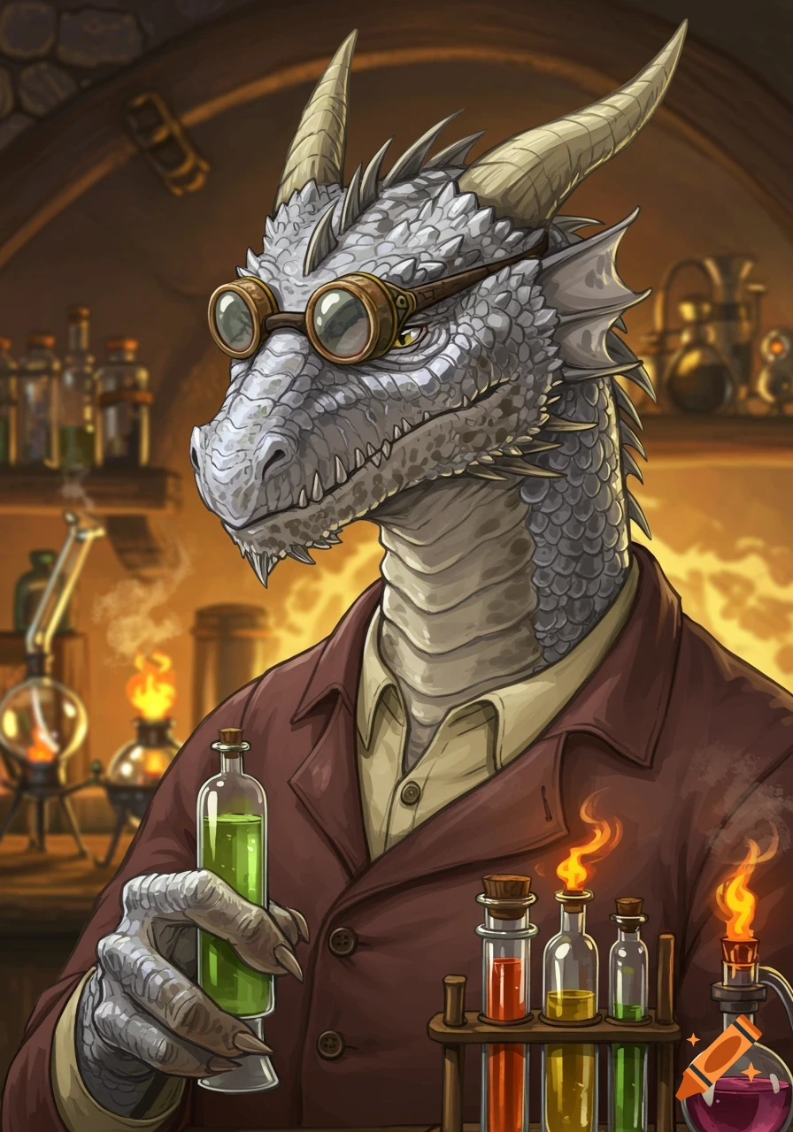 A silver-scaled Dragonborn in a lab coat and goggles holds a green potion in a fantasy laboratory.