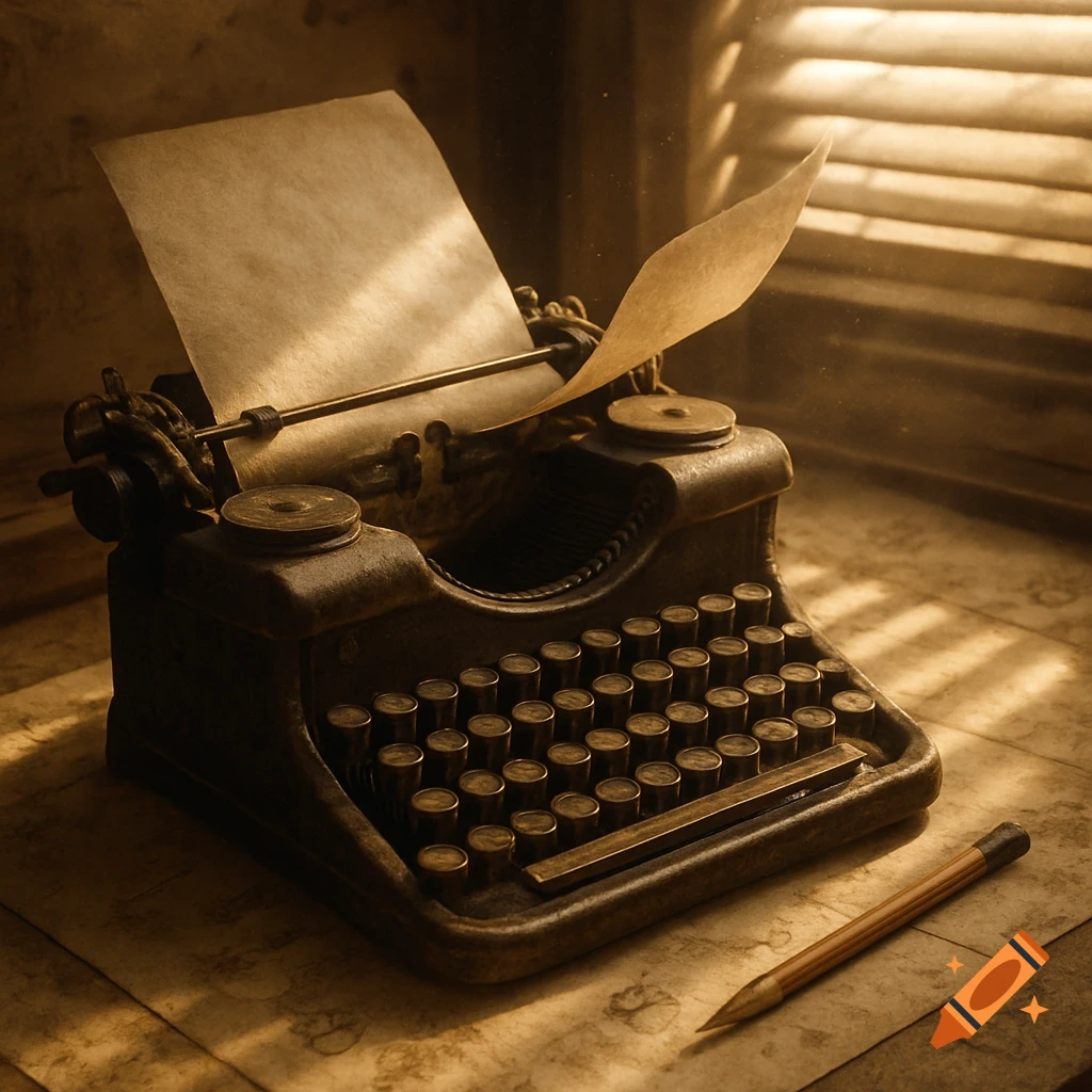 A vintage typewriter with blank paper and a pencil on a desk, illuminated by warm light filtering through blinds.