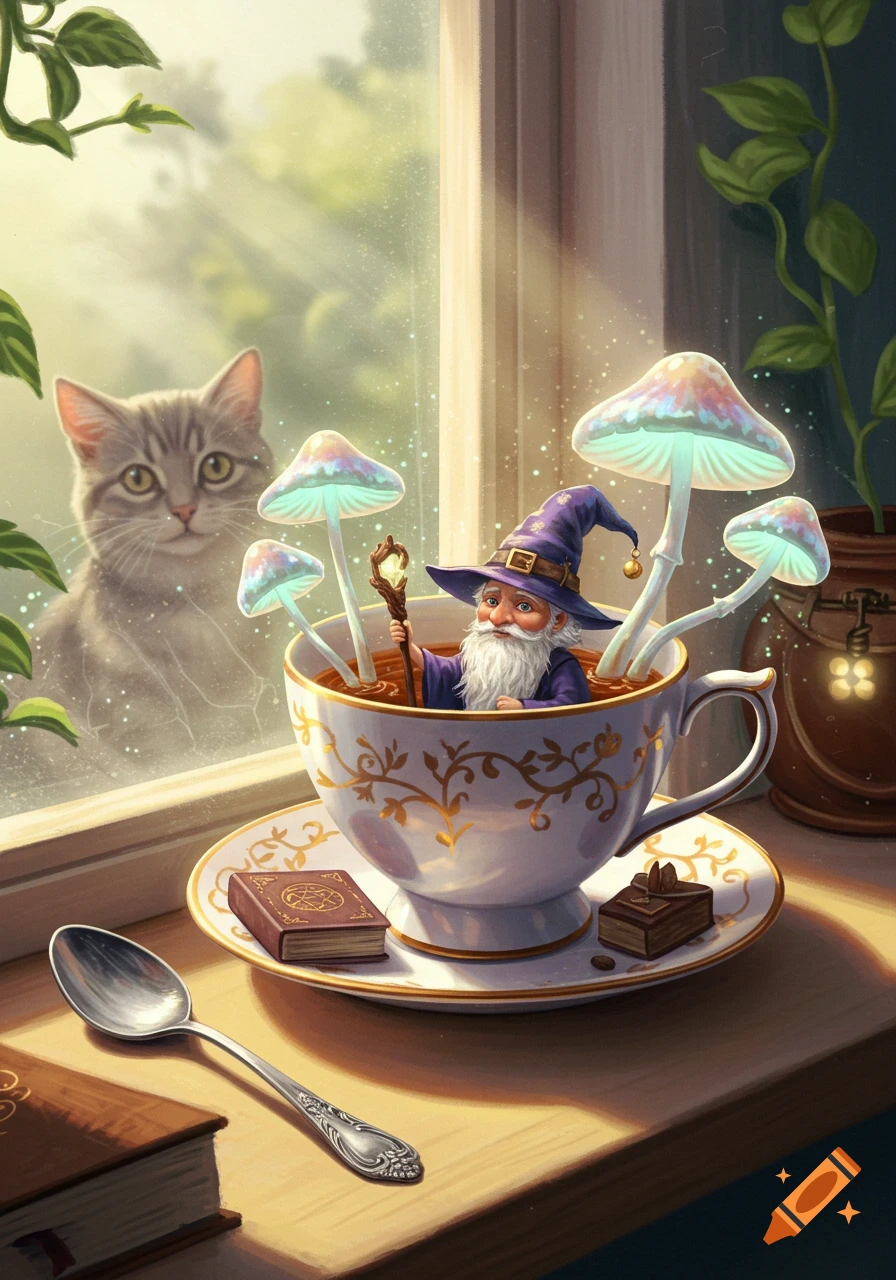 Whimsical illustration of a tiny wizard in a teacup with glowing mushrooms, a cat looking through a window, and a spellbook on a windowsill.