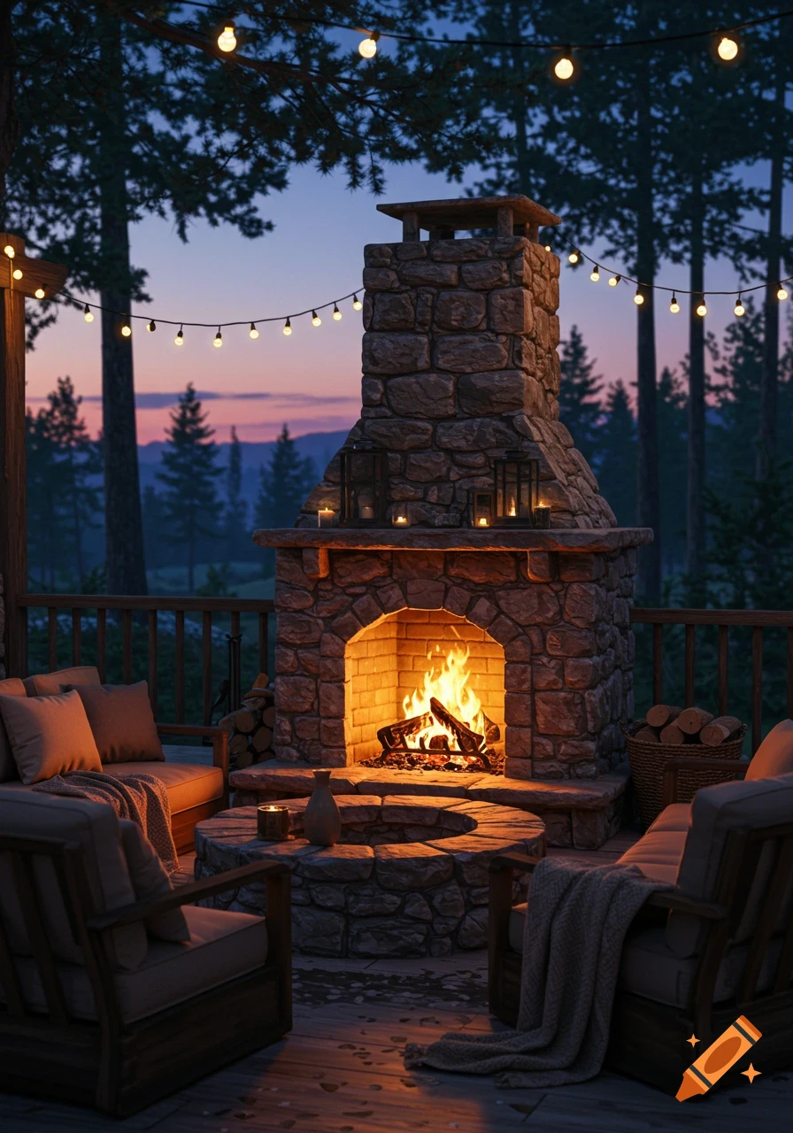 A photorealistic image of an outdoor stone fireplace with a fire burning, surrounded by patio furniture and string lights at dusk.