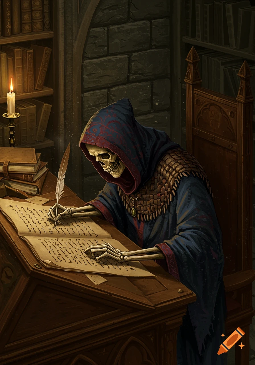 A skeletal scribe in a blue hooded robe with scale mail writes in a large book with a quill by candlelight in a dark, stone-walled library.