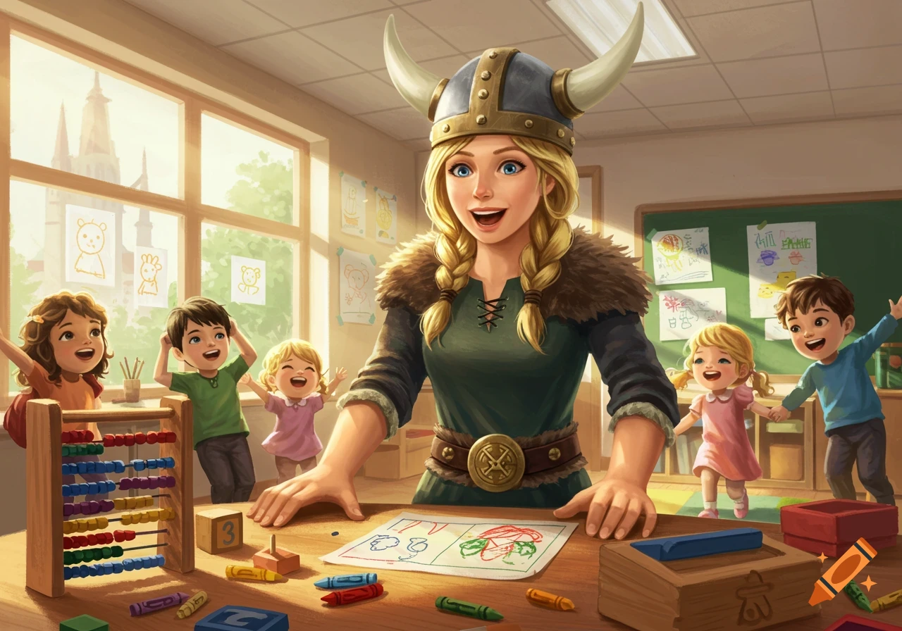 A smiling teacher wearing a Viking helmet stands at a table in a bright classroom, with happy children around her and an abacus and crayons on the desk.