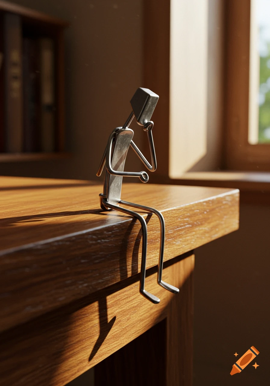 A metal figurine resembling a person sits thoughtfully on the edge of a wooden table, bathed in warm light.