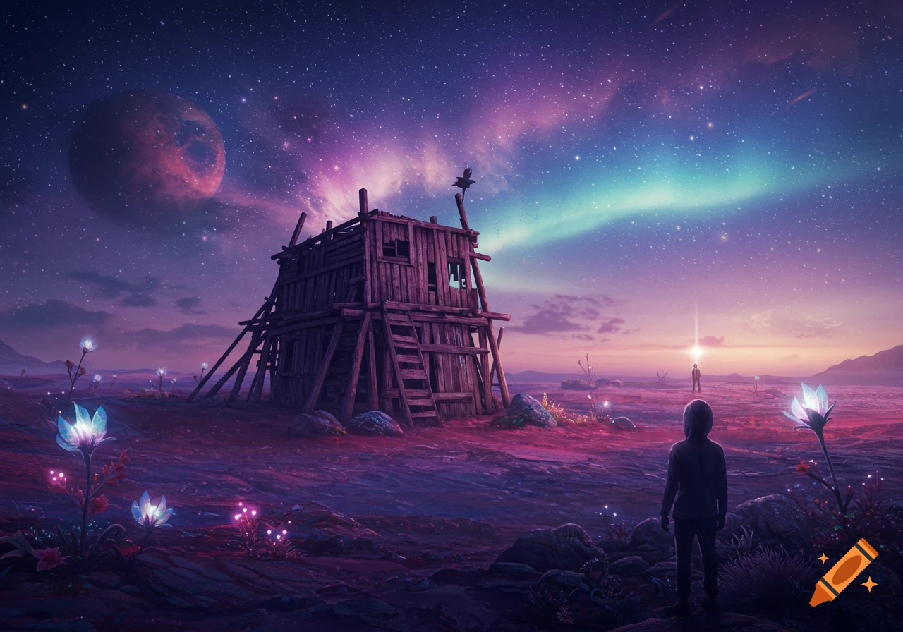 A hooded figure stands on a purple alien landscape, facing a distant glowing light and a second figure. A rustic wooden fort and luminous alien plants dot the vivid purple, pink, and teal landscape under a starry, cosmic sky with a large red planet.