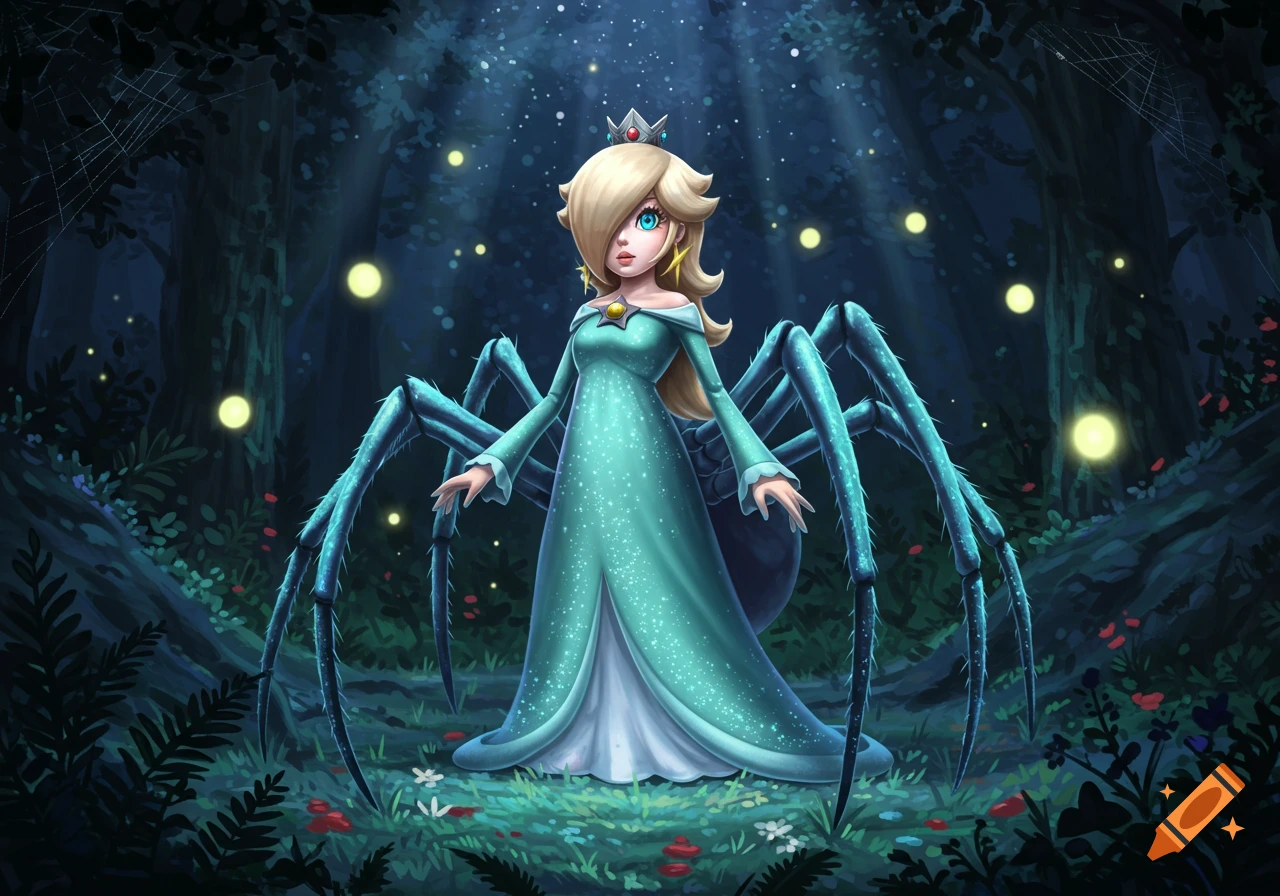 Princess Rosalina as a human-spider hybrid stands in a dark, magical forest with fireflies, digital art.