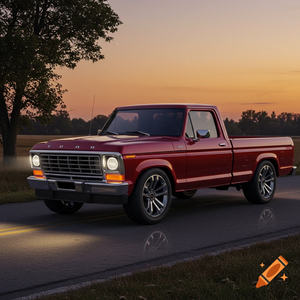 A deep red Ford pickup truck, blending 70s and modern styles, drives on a road at sunset.