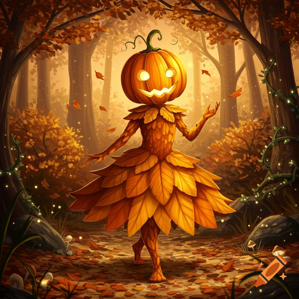 A whimsical pumpkin-headed figure made of autumn leaves stands in a glowing fantasy forest with falling leaves.