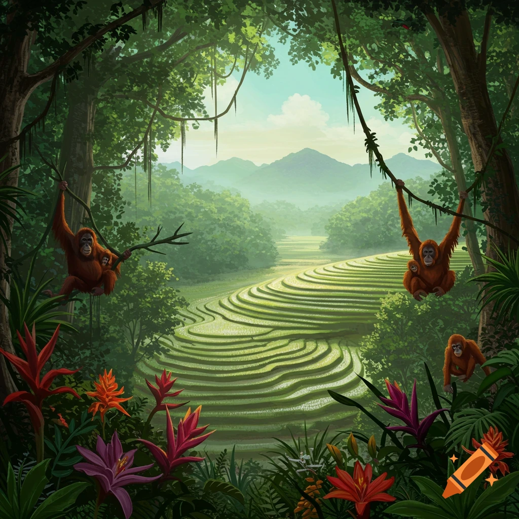 Illustrated jungle landscape with orangutans, one with a baby, in lush trees. Terraced rice fields and mountains in the background.