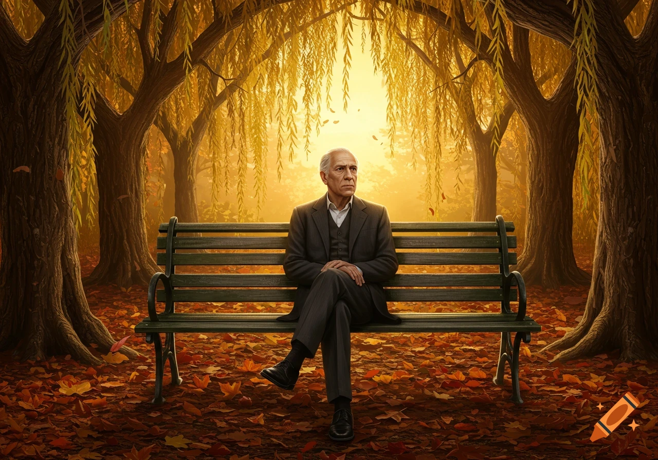 An older man in a suit sits on a park bench surrounded by autumn trees and fallen leaves in warm, golden light.