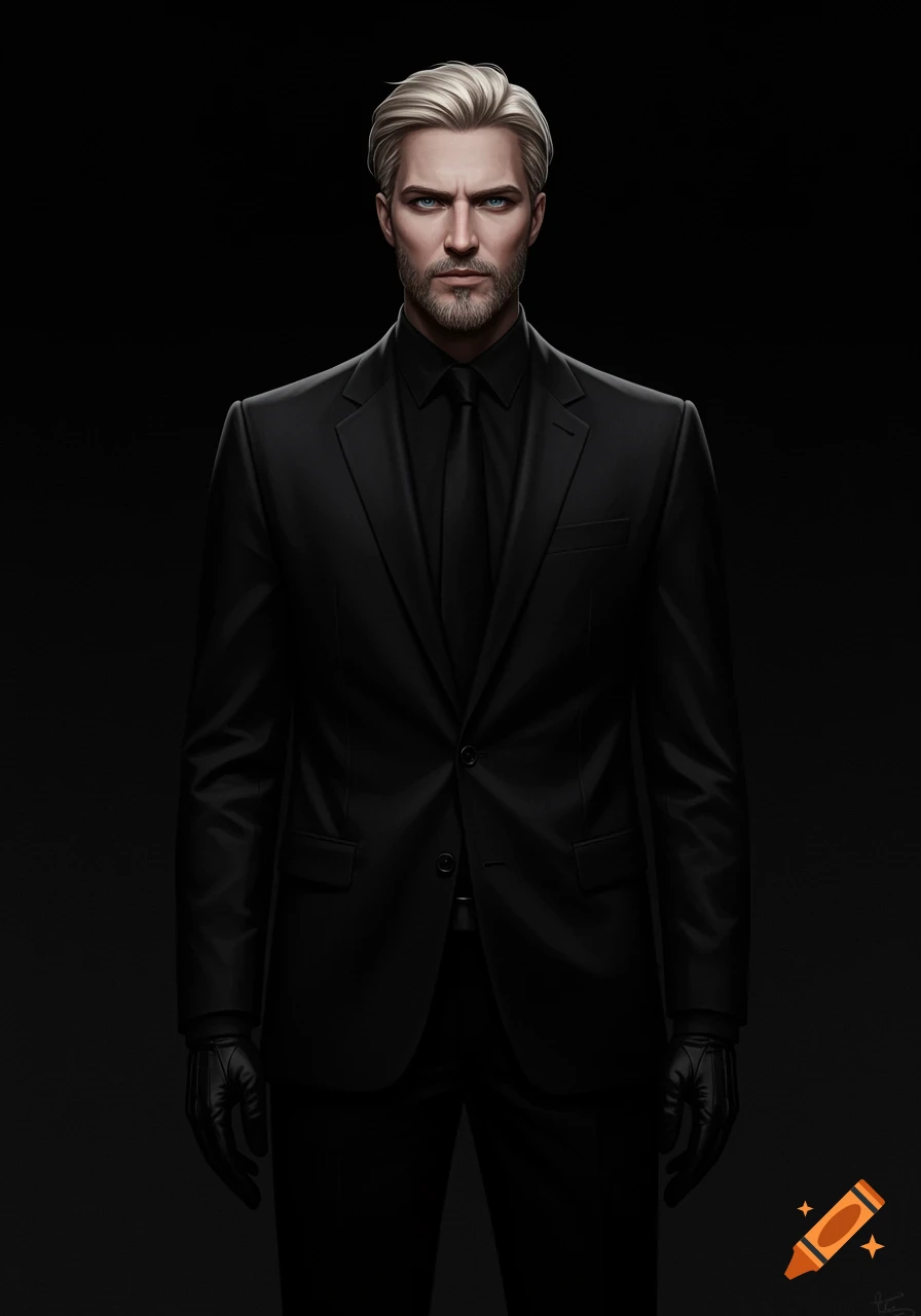 Photorealistic digital art of a handsome man with blonde hair, blue eyes, and a beard, wearing a severe black suit and gloves, against a black background.