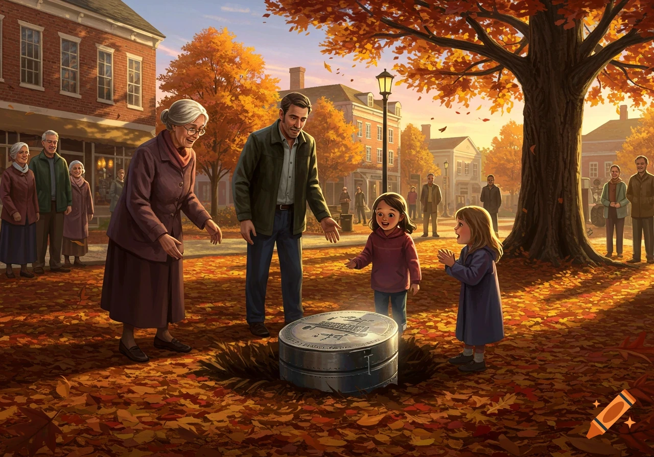 An older woman, man, and two young girls gather around a dug-up time capsule in a town square covered in autumn leaves, buildings in the background.