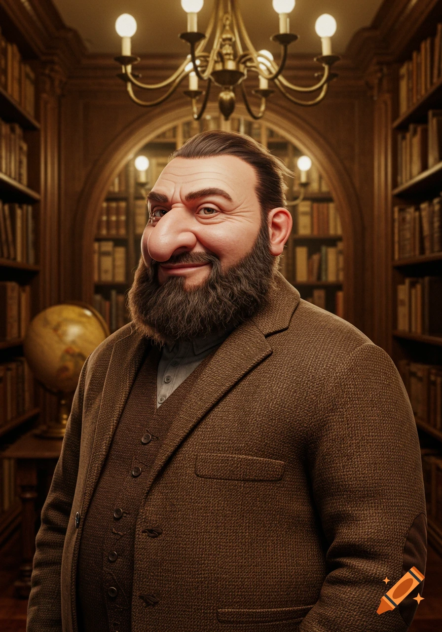 A stylized portrait of a smiling, bearded man with a large nose, wearing a brown suit in a library.