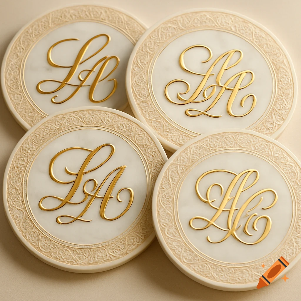 Four elegant white and gold monogrammed wedding coasters with intricate patterns.