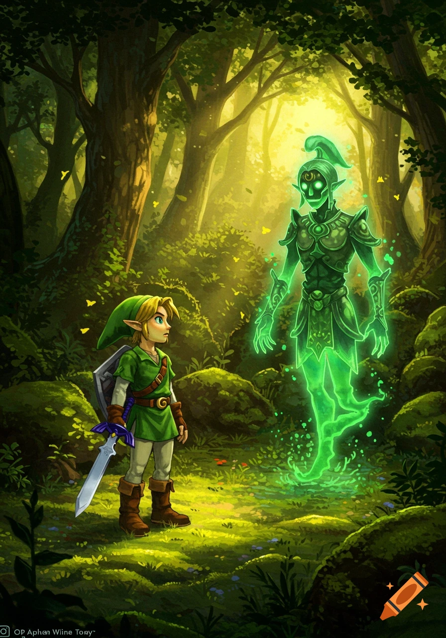 Link and a glowing green ghostly figure, The Hero's Shade, stand in a sunlit fantasy forest.