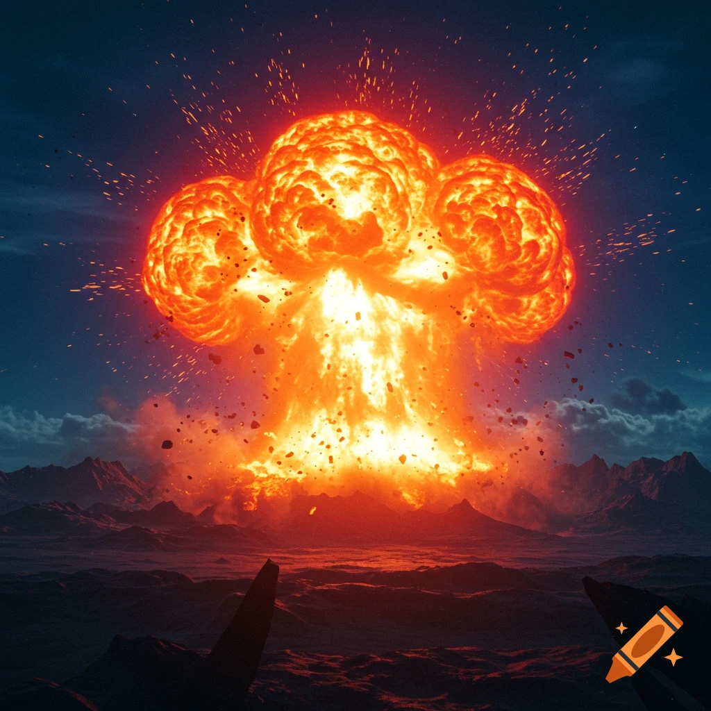 A massive, fiery orange explosion with a mushroom cloud shape over a dark, rocky landscape under a deep blue sky.