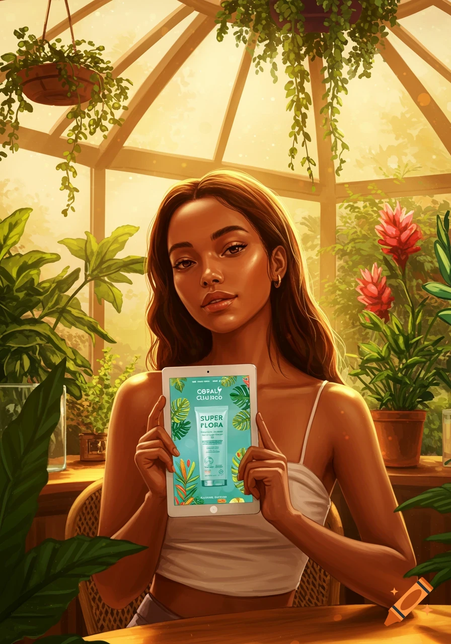 A stylized illustration of a woman holding a tablet displaying a skincare product in a sunlit greenhouse filled with plants.