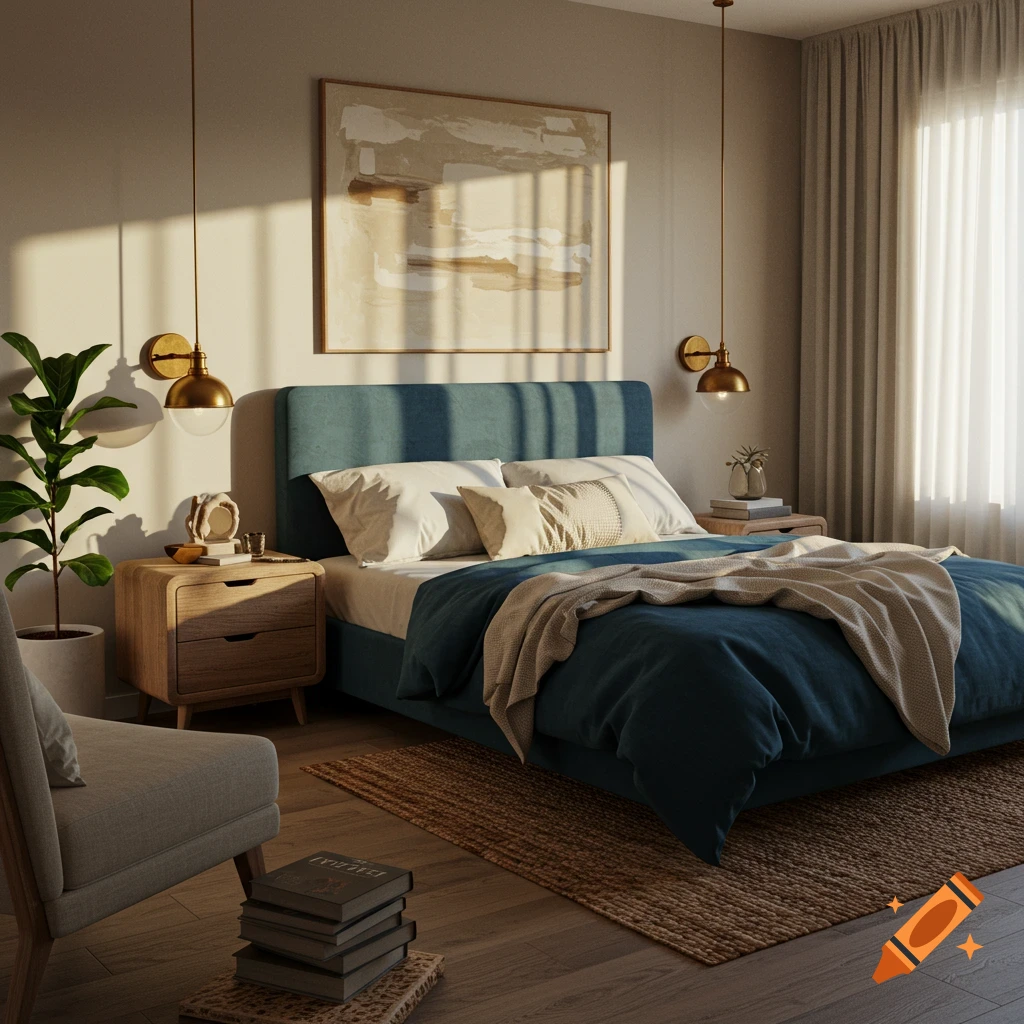 Photorealistic image of a modern bedroom with a blue bed, wooden nightstands, a potted plant, and warm sunlight.