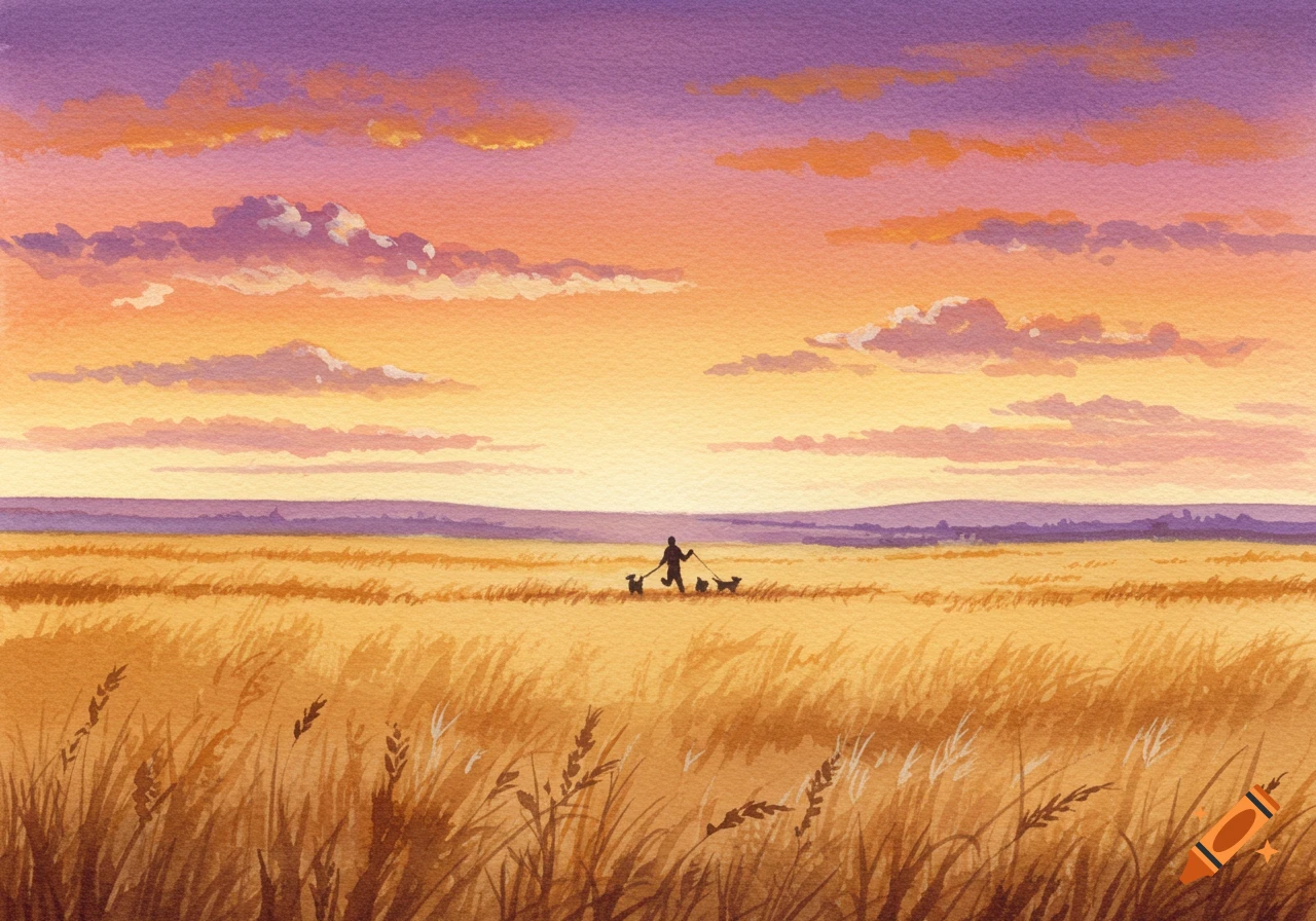 A watercolor painting of a person running with two dogs through a golden field at sunset, with rolling hills in the distance.