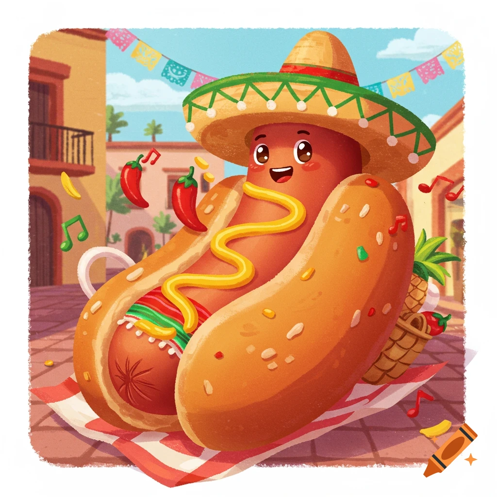 A cheerful cartoon hotdog wearing a sombrero with mustard and a colorful sash, surrounded by chili peppers and musical notes in a vibrant Mexican street scene.