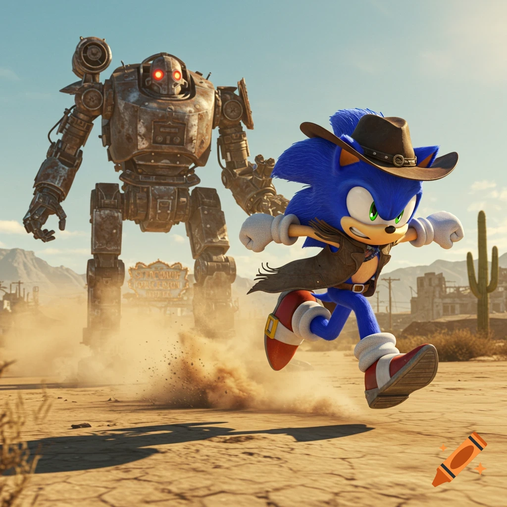 Sonic the Hedgehog in a cowboy hat and duster runs through a dusty desert landscape, pursued by a large, rusty robot.