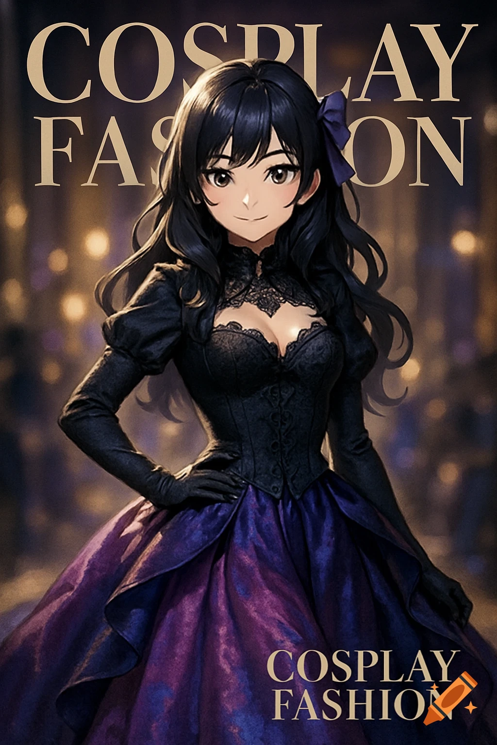 Anime girl with long black hair and a purple bow in a black corset and purple gown on a magazine cover titled 'COSPLAY FASHION'.