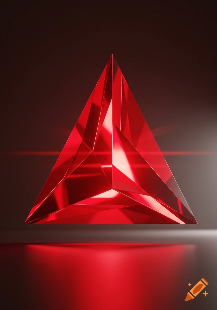 A shiny red triangular prism reflects light on a dark surface.