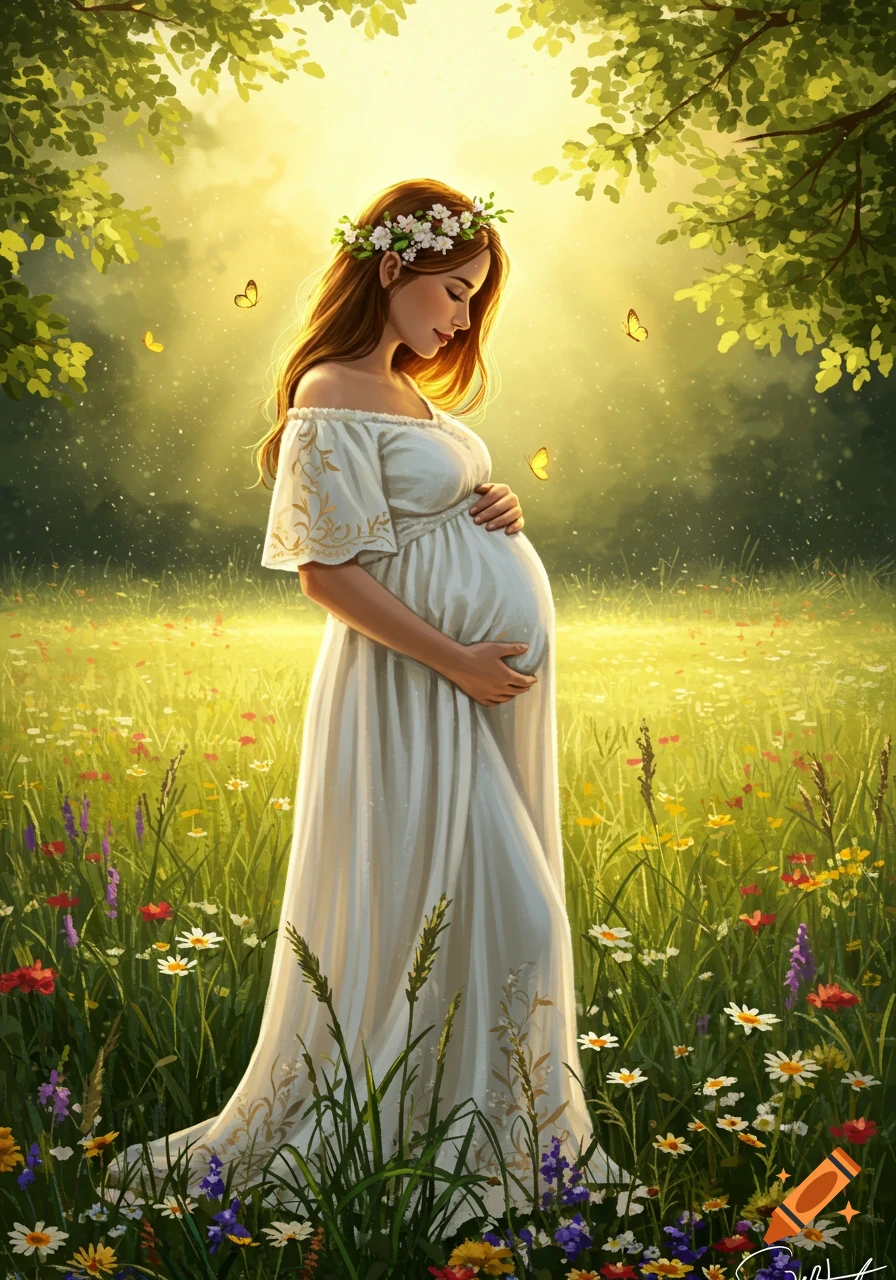 An illustrated pregnant woman in a white dress standing in a sunlit field of wildflowers.