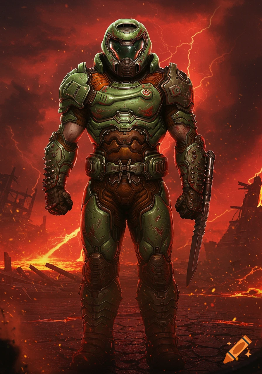 The Doom Slayer in full green armor stands in a fiery, hellish landscape with a blade in hand.