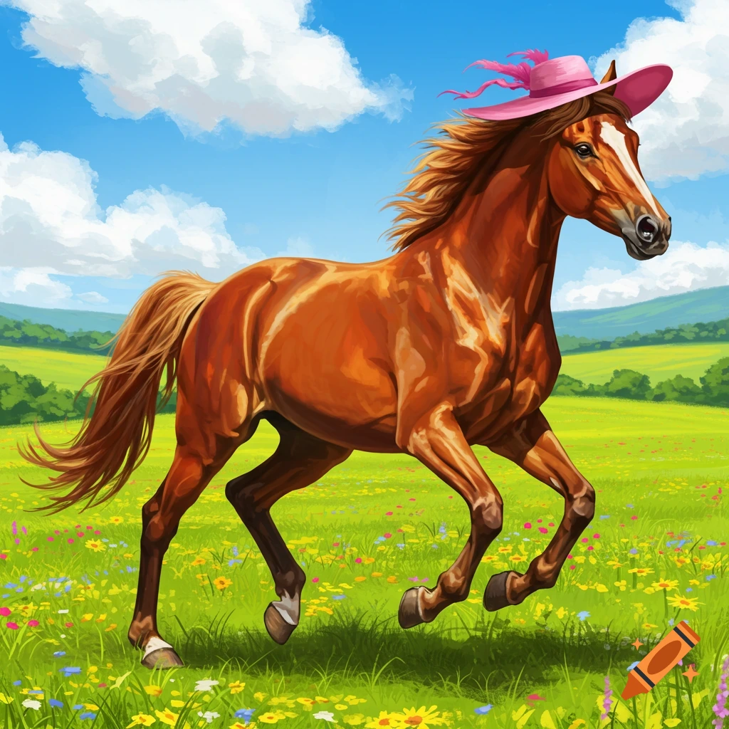 A brown horse wearing a pink feathered hat runs through a vibrant green meadow with colorful wildflowers under a blue sky.
