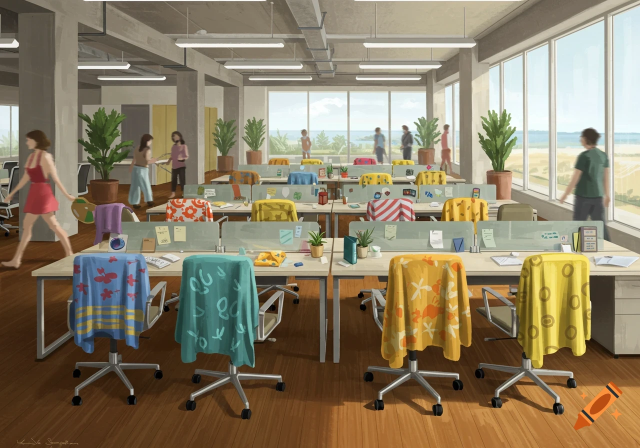An illustration of a large open-plan office with many desks and chairs. Each chair is covered with a patterned towel, resembling poolside chairs. People are walking around the office and visible outside large windows overlooking a bright, open landscape.