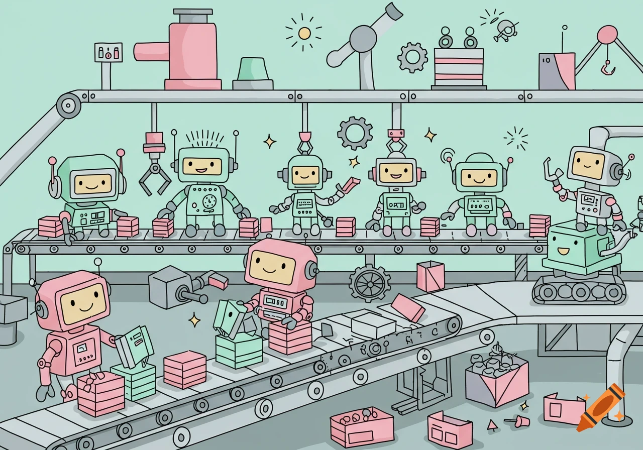 A colorful cartoon line art illustration of cute, happy robots working on an assembly line in a factory.