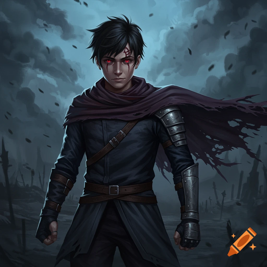 A young man with black hair, glowing red eyes, and a mark on his forehead, wearing dark armor and a tattered cloak, stands in a desolate landscape under a stormy sky in a digital art style.
