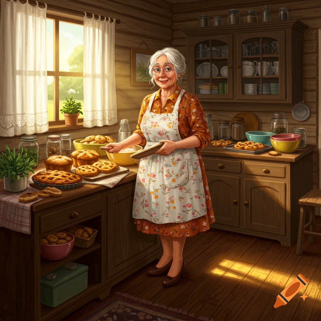 An old lady in a floral apron smiles while baking in a rustic kitchen with sunlight streaming through a window.