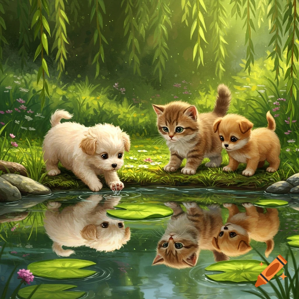 Three adorable cartoon puppies and kittens interact by a pond in a lush, green forest with dappled sunlight.