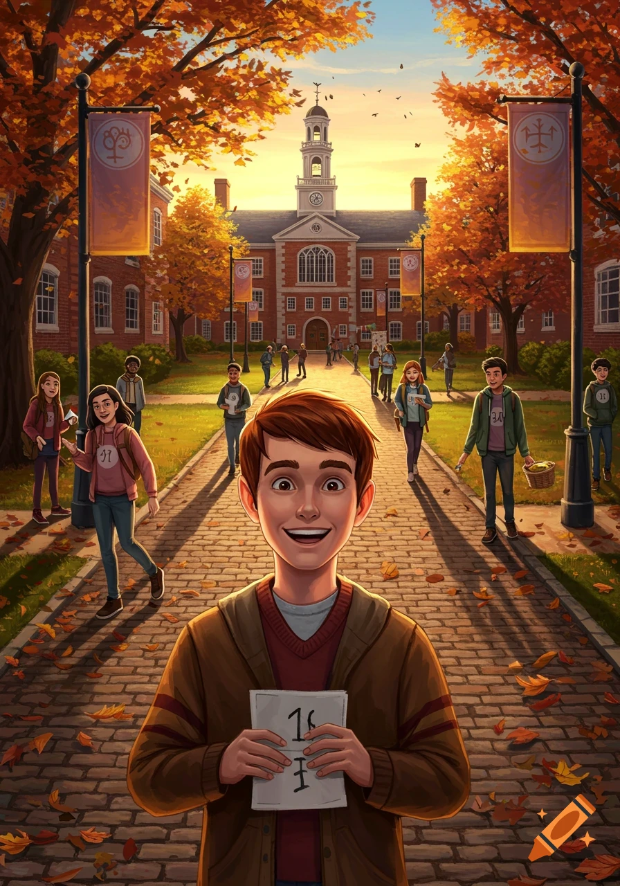 A happy boy holds a paper on a brick path in the foreground of a cartoonish autumn college campus with students walking around.