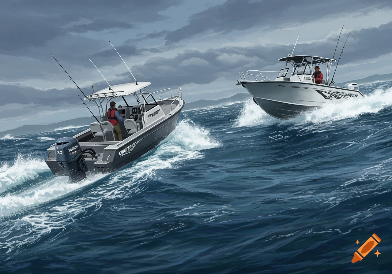 Two powerboats speed across rough ocean waves under a cloudy sky. One boat is grey with a Yamaha engine, and the other is white.