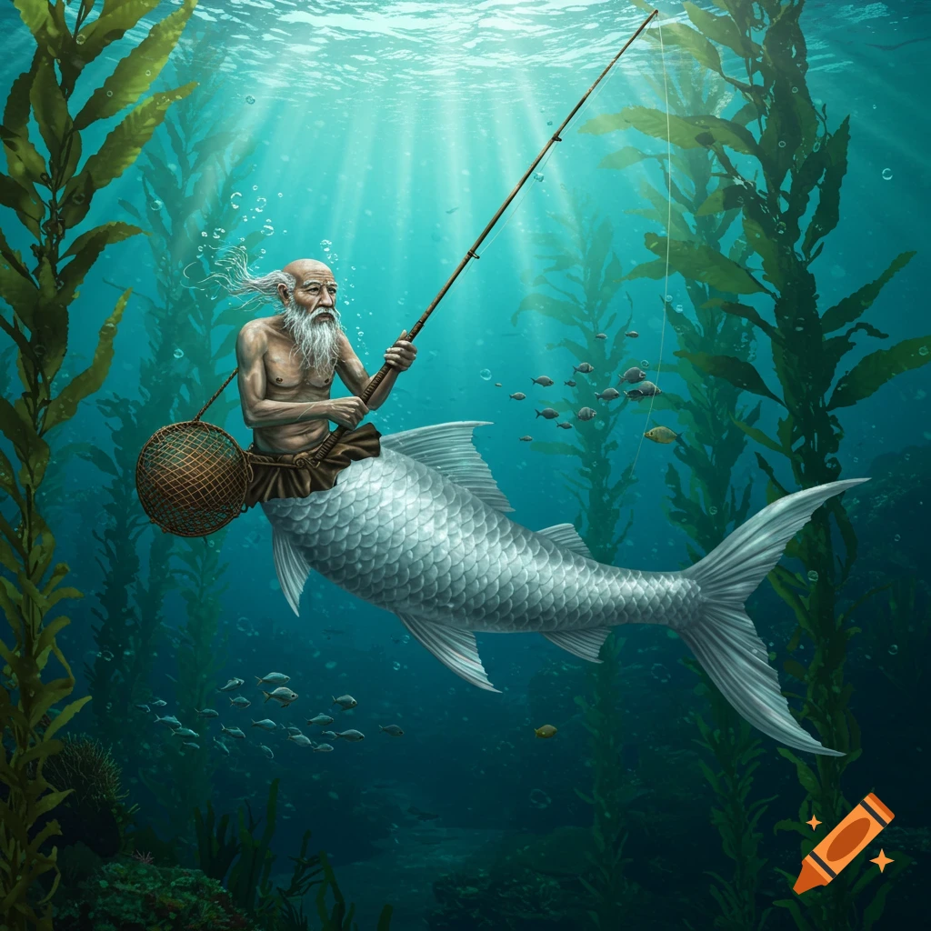 An old merman with a long beard fishes with a rod and net underwater amidst kelp and small fish.