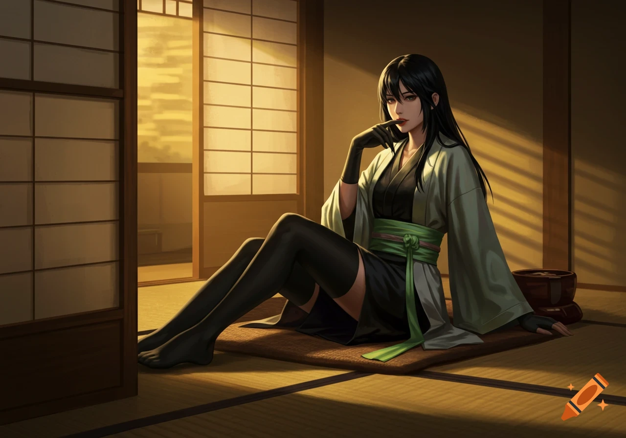 Anime-style woman in a kimono-like outfit and thigh-highs sits on a tatami mat in a traditional Japanese room with sliding doors.