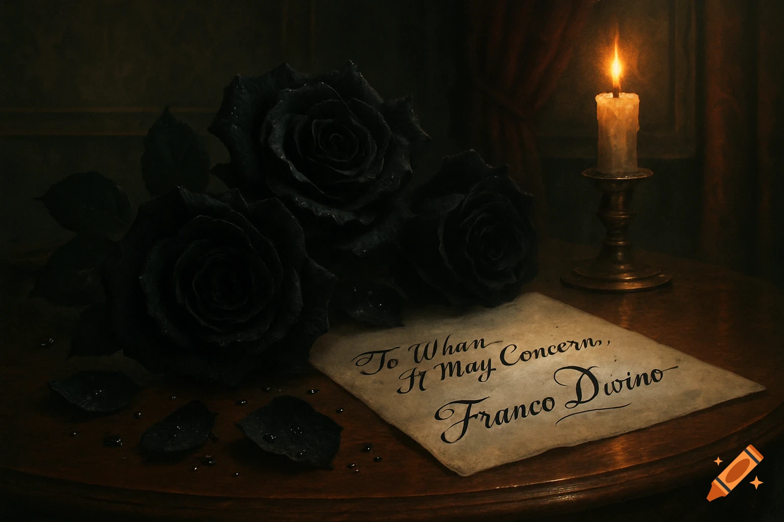 Photorealistic still life of three black roses, a lit candle, and a parchment letter on a dark wooden table.