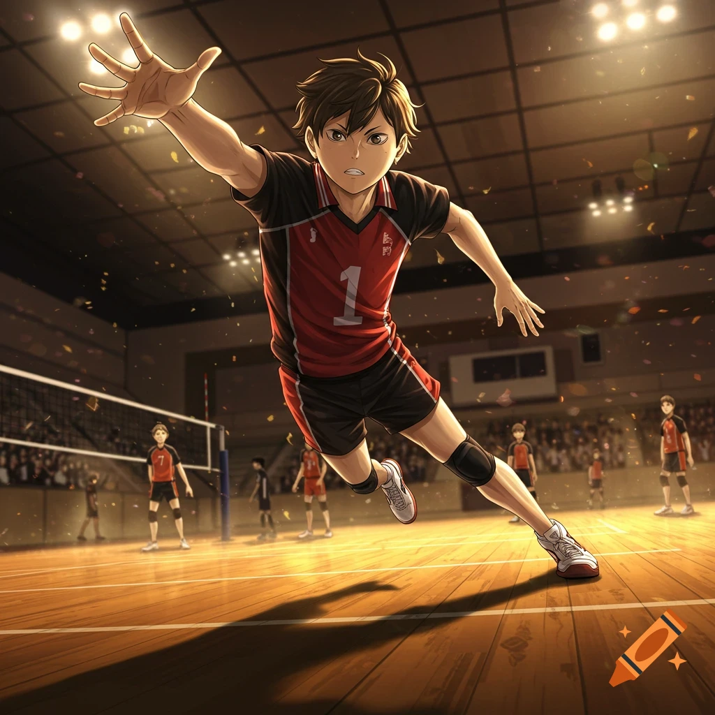 An anime volleyball player in a red and black jersey dives across a brightly lit indoor court during a game.