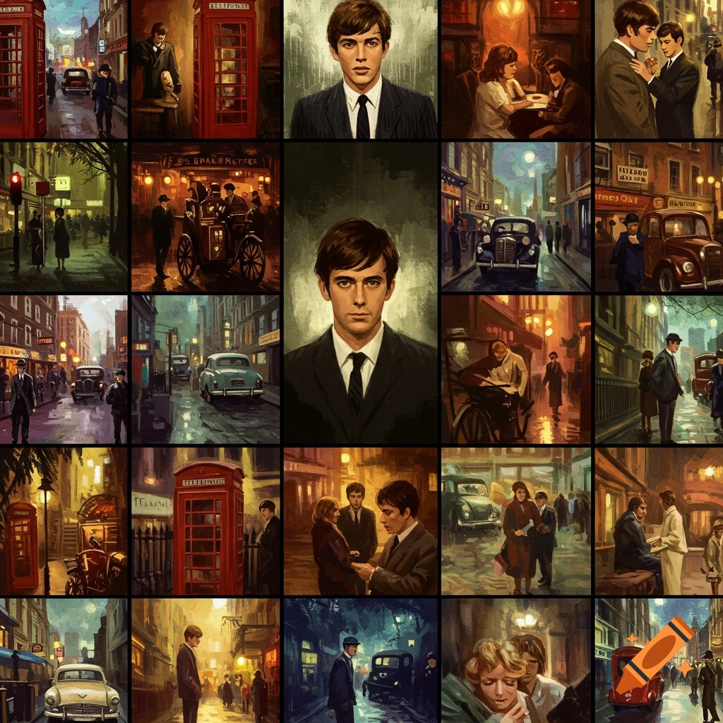 A grid of 20 impressionistic paintings depicting scenes from 1960s London, featuring a man in a suit, street views with vintage cars, and red telephone booths.