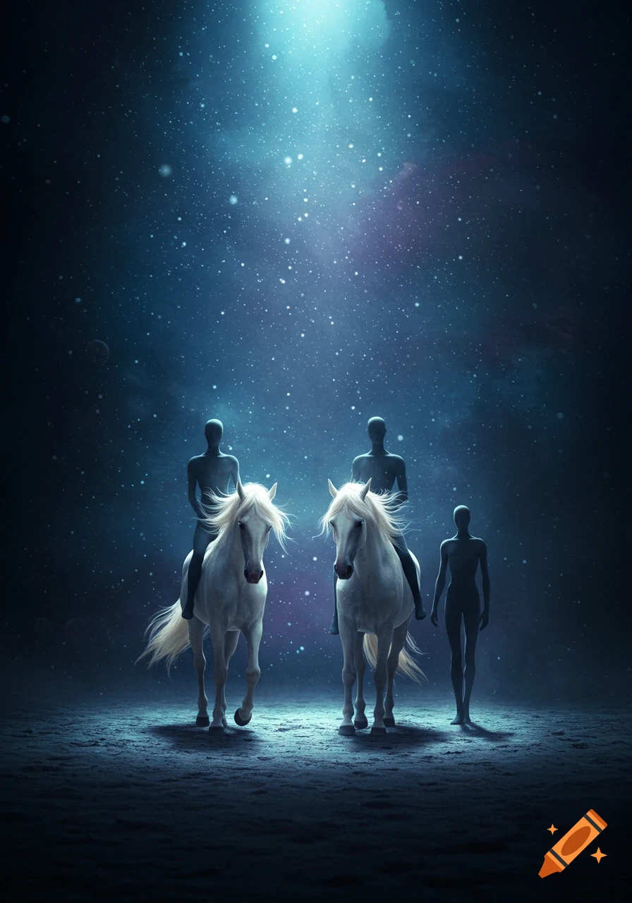 Two white horses carrying silhouetted riders and a third silhouetted figure on foot, standing in a dark, star-filled void under a bright light.