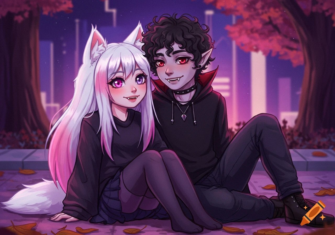 An anime-style illustration of a smiling wolf-eared girl with long white and pink hair and a vampire boy with curly black hair, sitting together outdoors in an autumnal setting at dusk.