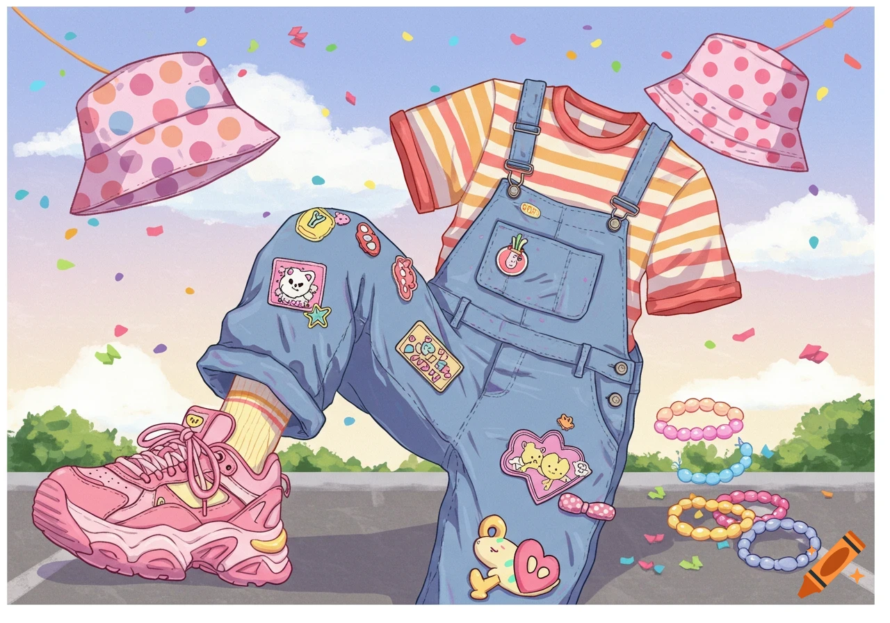 A colorful kidcore outfit with overalls and a striped shirt, pink sneakers, and polka dot bucket hats, surrounded by confetti.