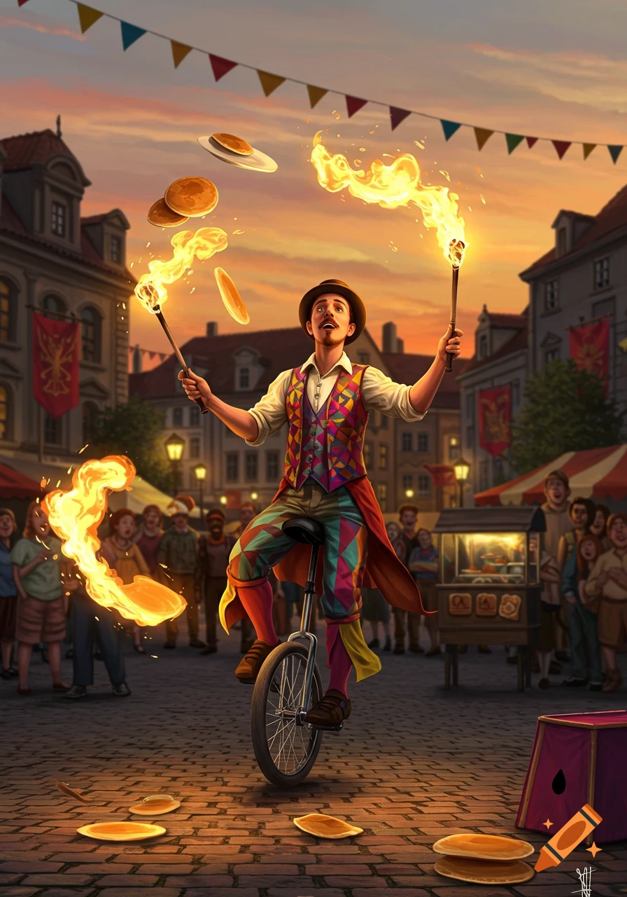 An illustration of a man on a unicycle juggling fiery torches and pancakes in an old town square at sunset.