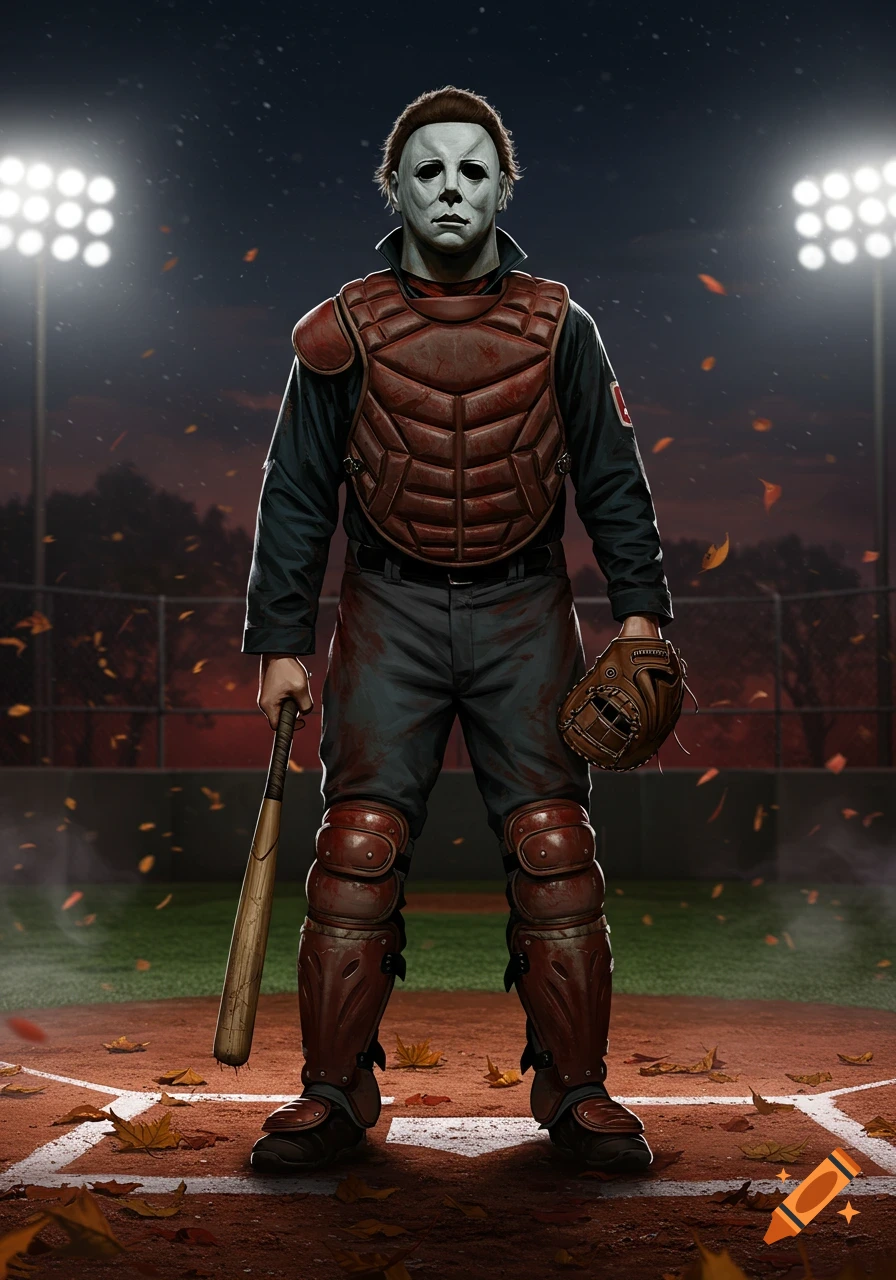 Michael Myers in baseball catcher's gear holding a bat and glove on a baseball field at night, surrounded by autumn leaves in an illustration.