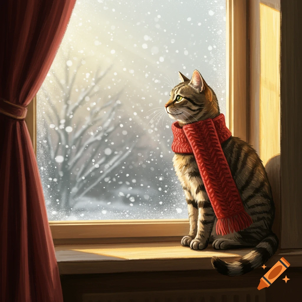 A tabby cat wearing a red scarf sits on a sunlit window sill, looking out at a snowy winter scene.