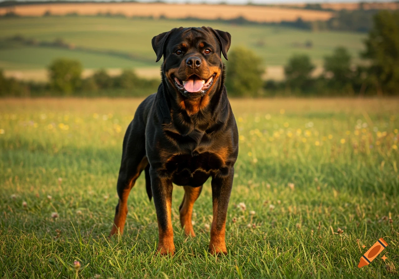 A Rottweiler stands in a green field with a blurry landscape in the background.