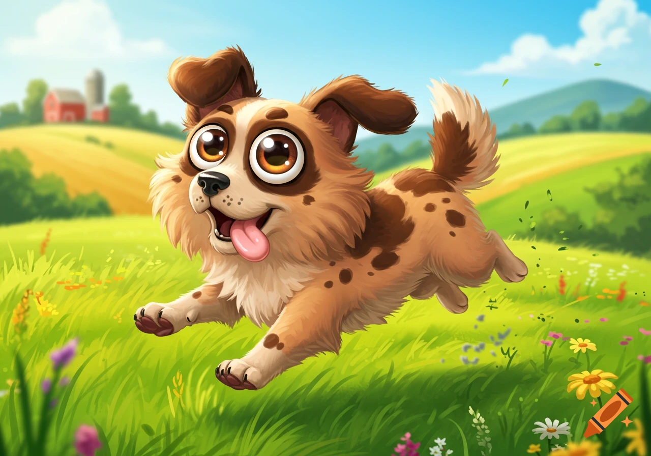 A happy cartoon dog with large eyes running through a vibrant green field on a sunny day.